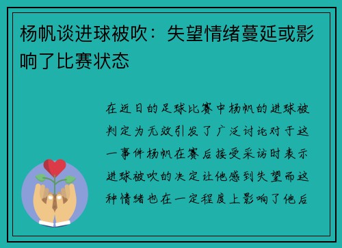 杨帆谈进球被吹：失望情绪蔓延或影响了比赛状态
