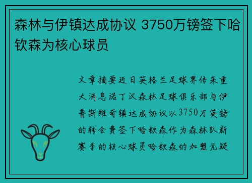 森林与伊镇达成协议 3750万镑签下哈钦森为核心球员
