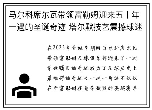 马尔科席尔瓦带领富勒姆迎来五十年一遇的圣诞奇迹 塔尔默技艺震撼球迷