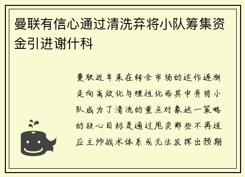 曼联有信心通过清洗弃将小队筹集资金引进谢什科